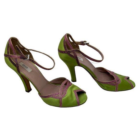 Prada Green Satin Pink Python Leather Accent Ankle Strap High Heels 6 - Picture 7 of 7
